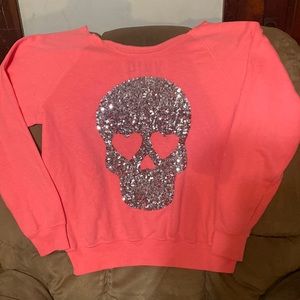 Rare VS Pink Skull Bling Sweatshirt Off The Shoulders Fit Size Medium